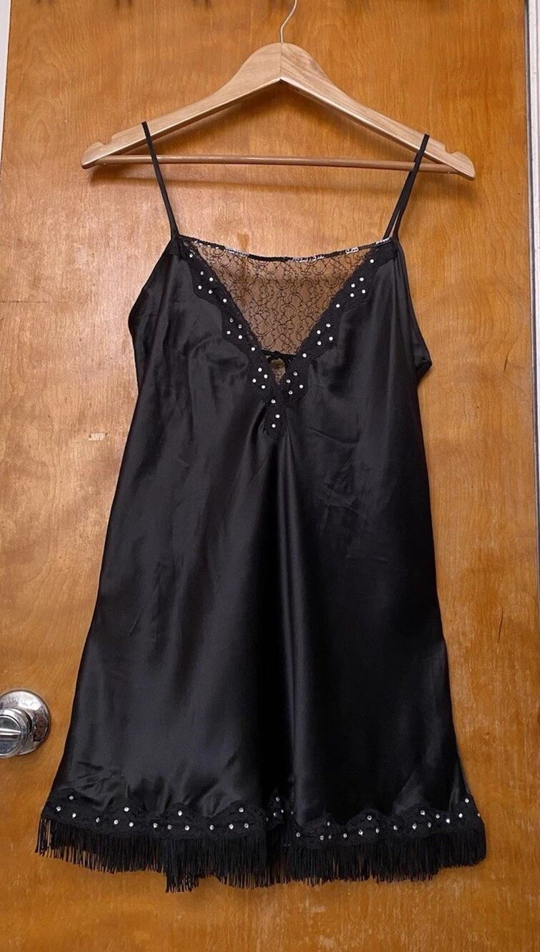 Victorias Secret Black Rhinestone Lace Fringe Mini Slip Dress Bias Cut Size L